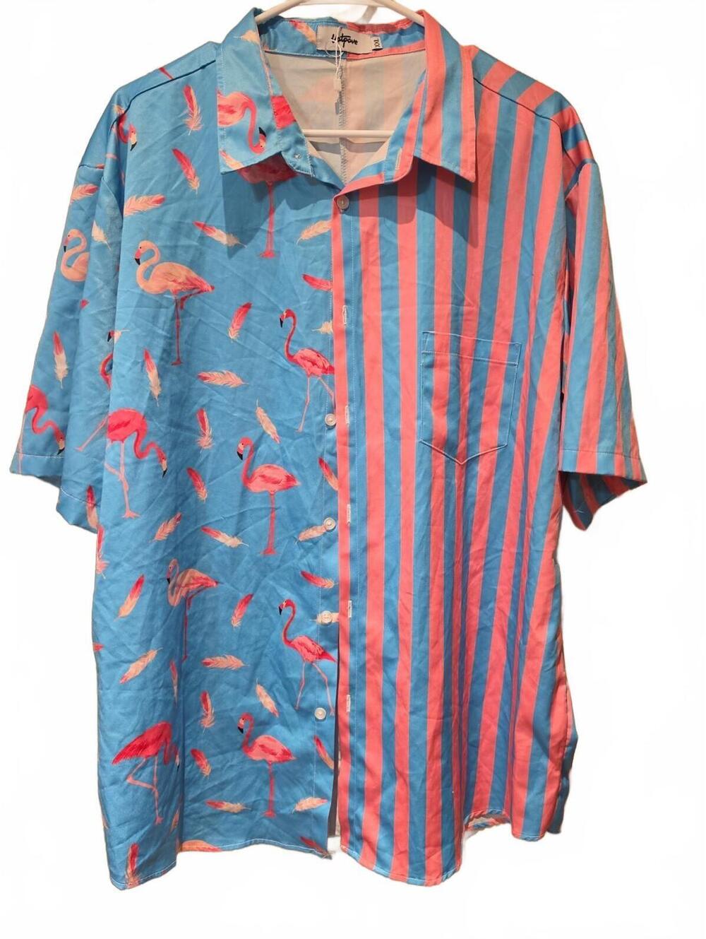 Vatpave Hawaiian Shirt – Men’s Size XXL – Blue & Pink Flamingo Stripe Print  New